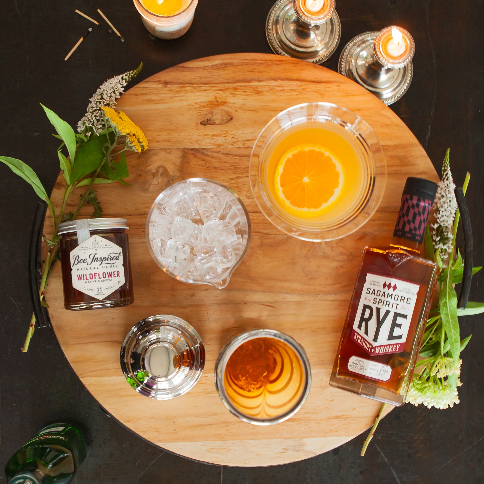 honey rye whiskey cocktail with ingredients