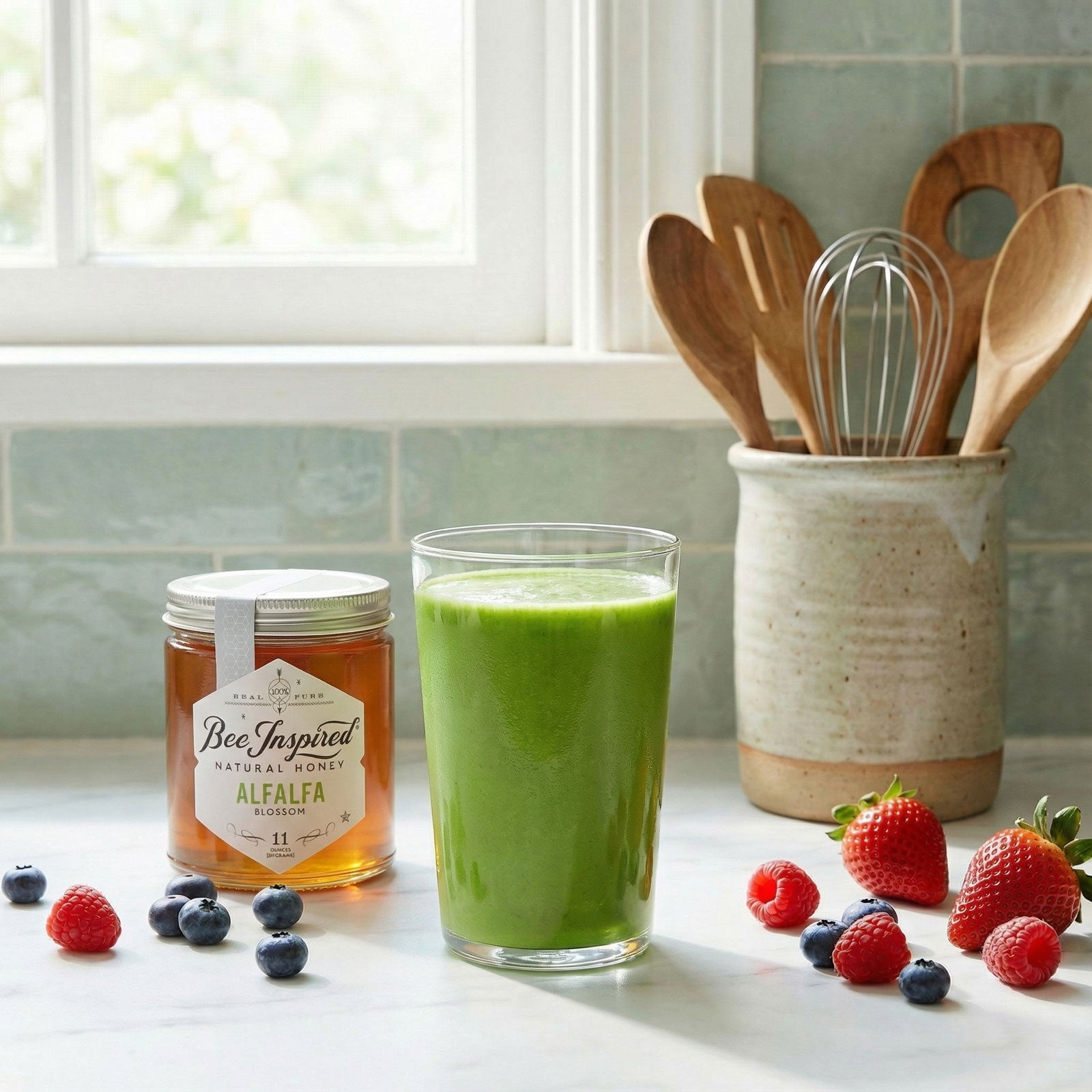 bee green smoothie surrounded by raw ingredients