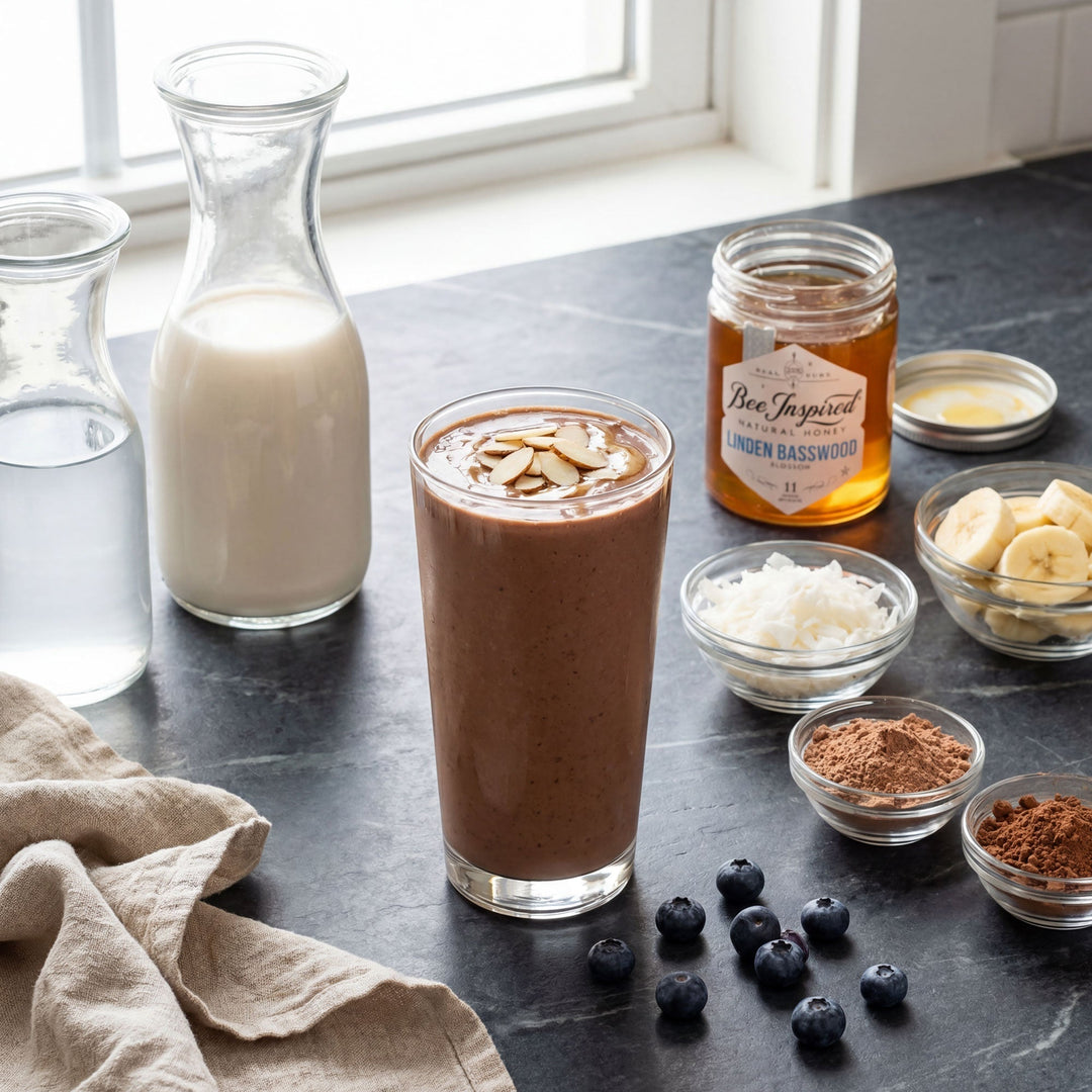 a chocolate almond smoothie, next to assorted ingredients