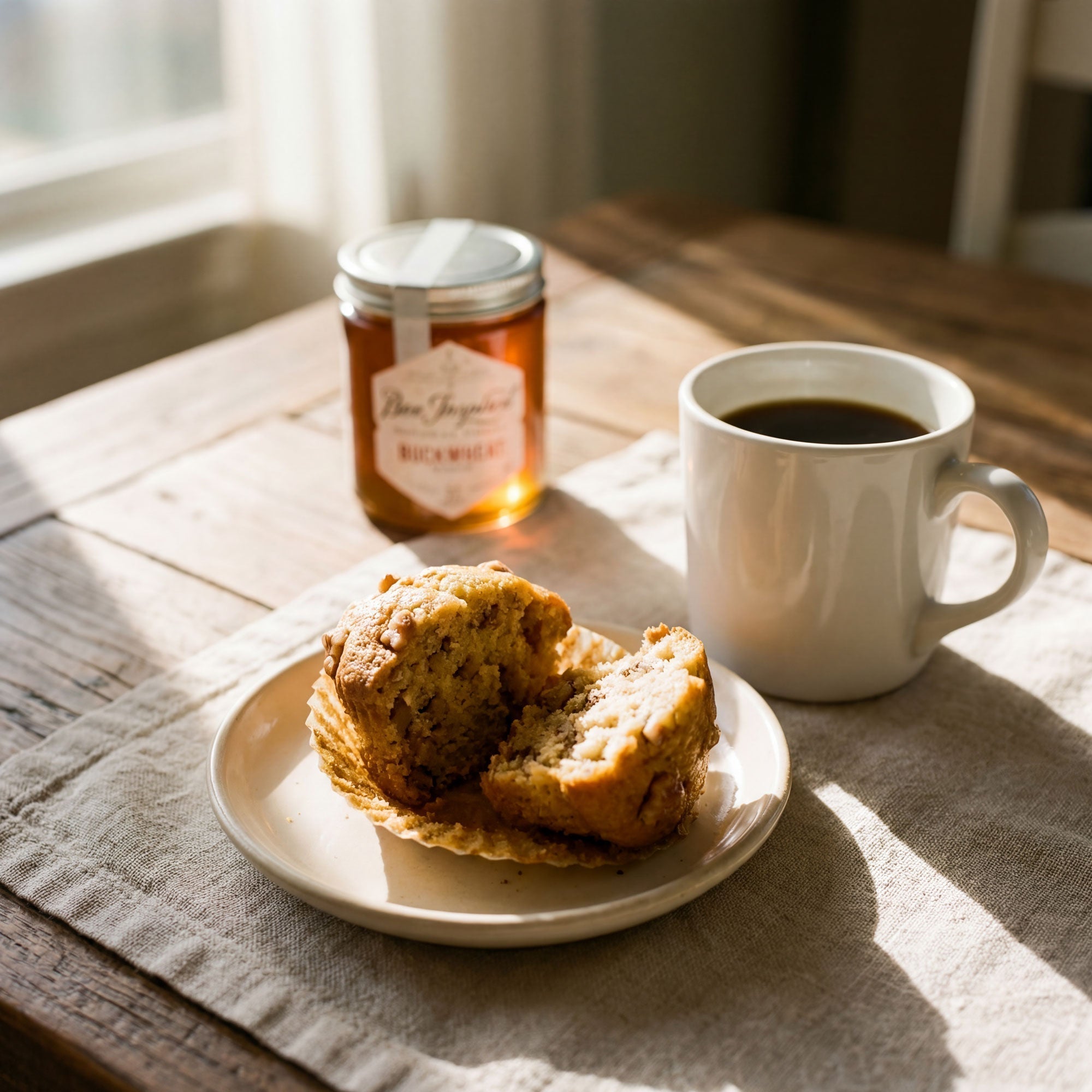 banana muffin with coffee and honey