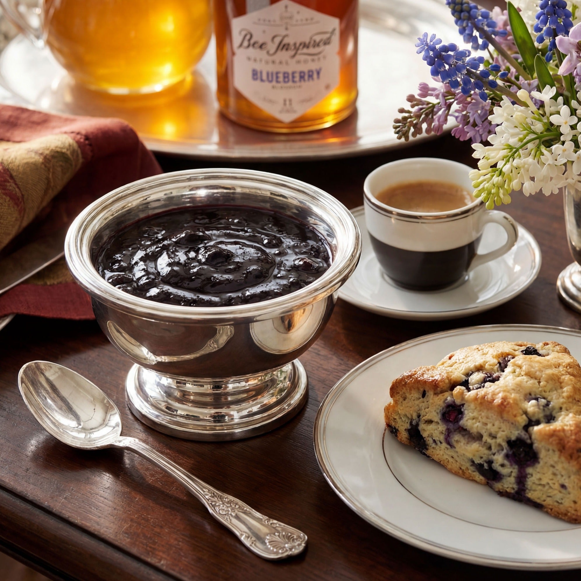blueberry compote, blueberry scone, and blueberry honey in coffee