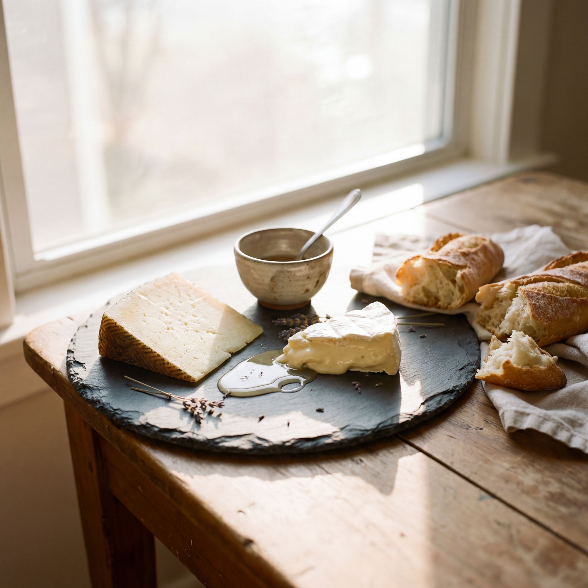 casual cheese and honey board on black slate on wood table