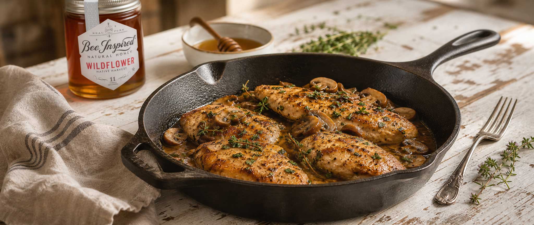 chicken with sauteed mushrooms in skillet with Bee Inspired Honey