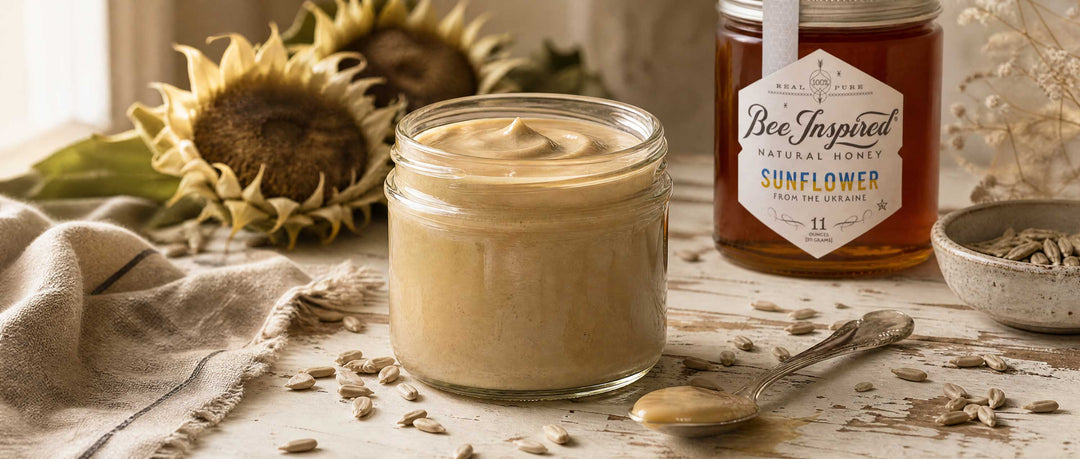 homemade sunflower butter on table with sunflower honey and sunflower seeds
