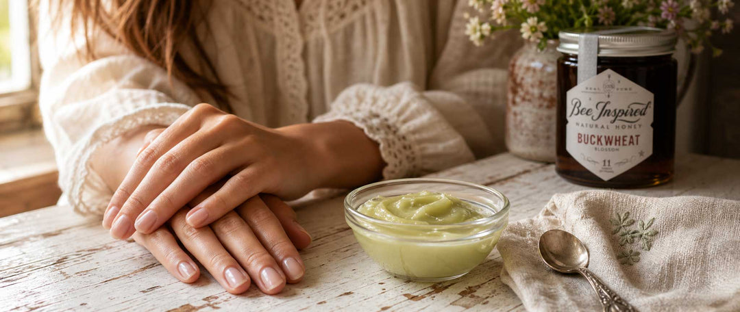 DIY cuticle treatment with honey and avocado with hands