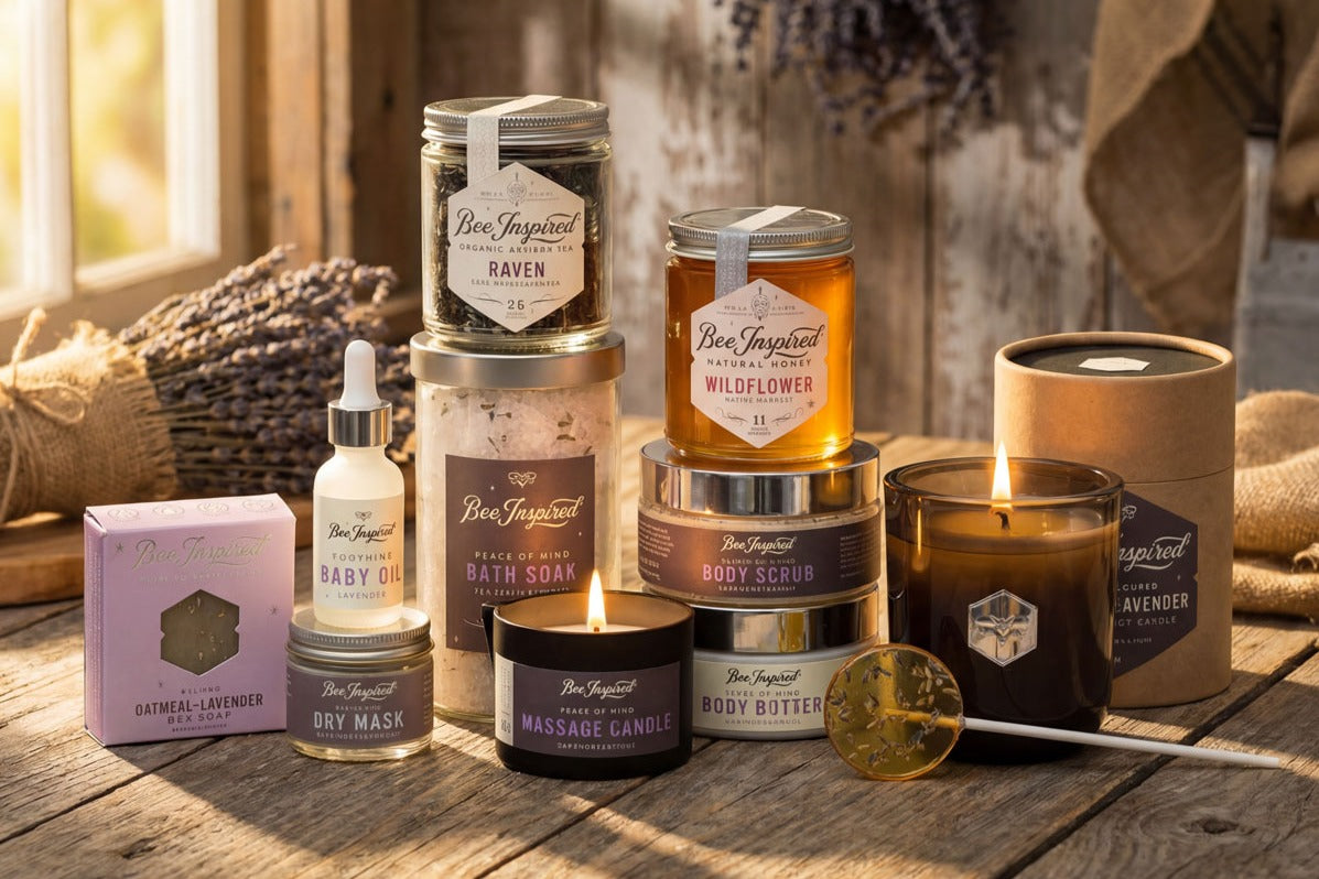 Collection of Bee Inspired products in the Lavender Experience Gift Set including candles, soap, and body scrub on a wooden surface.