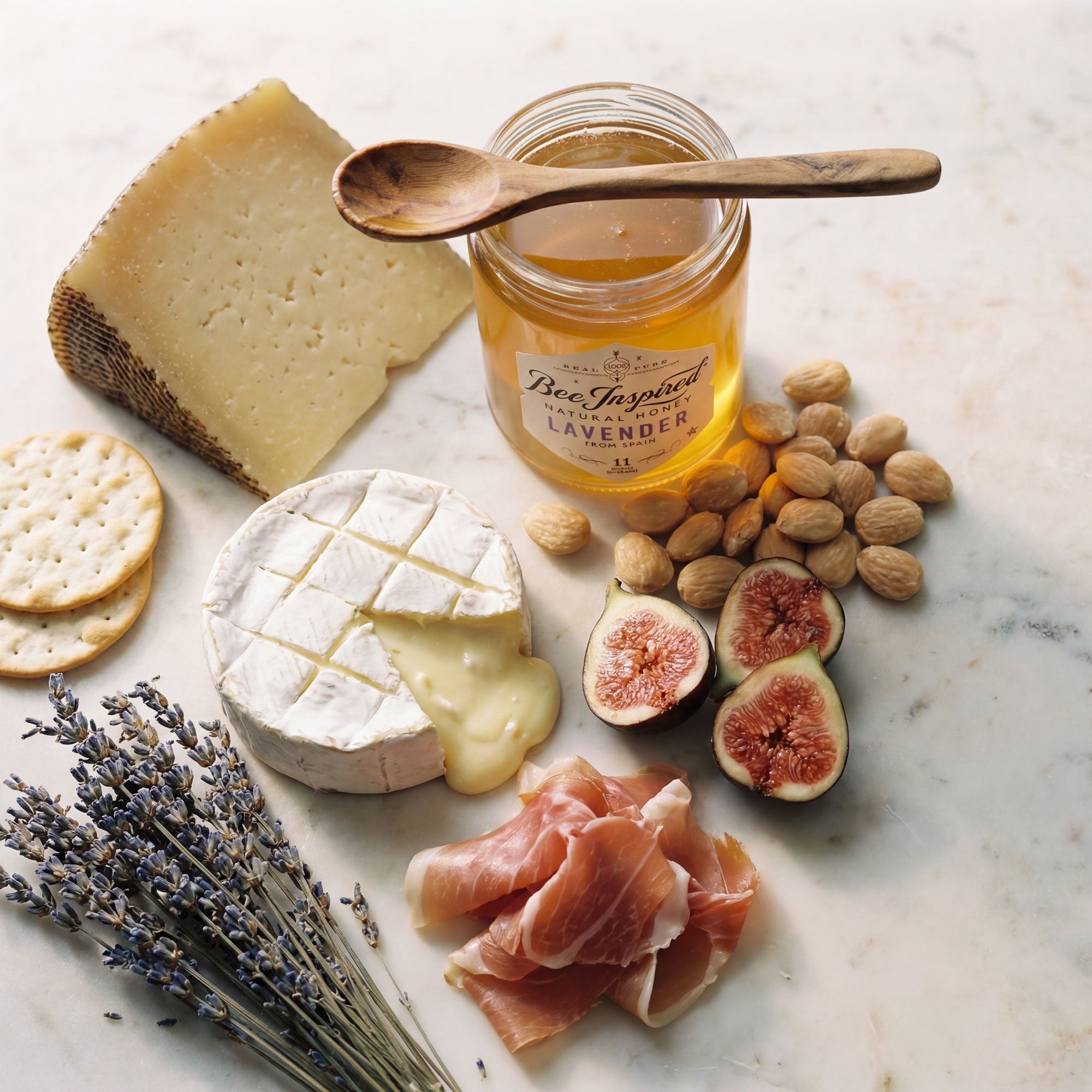 cheese board with lavender honey