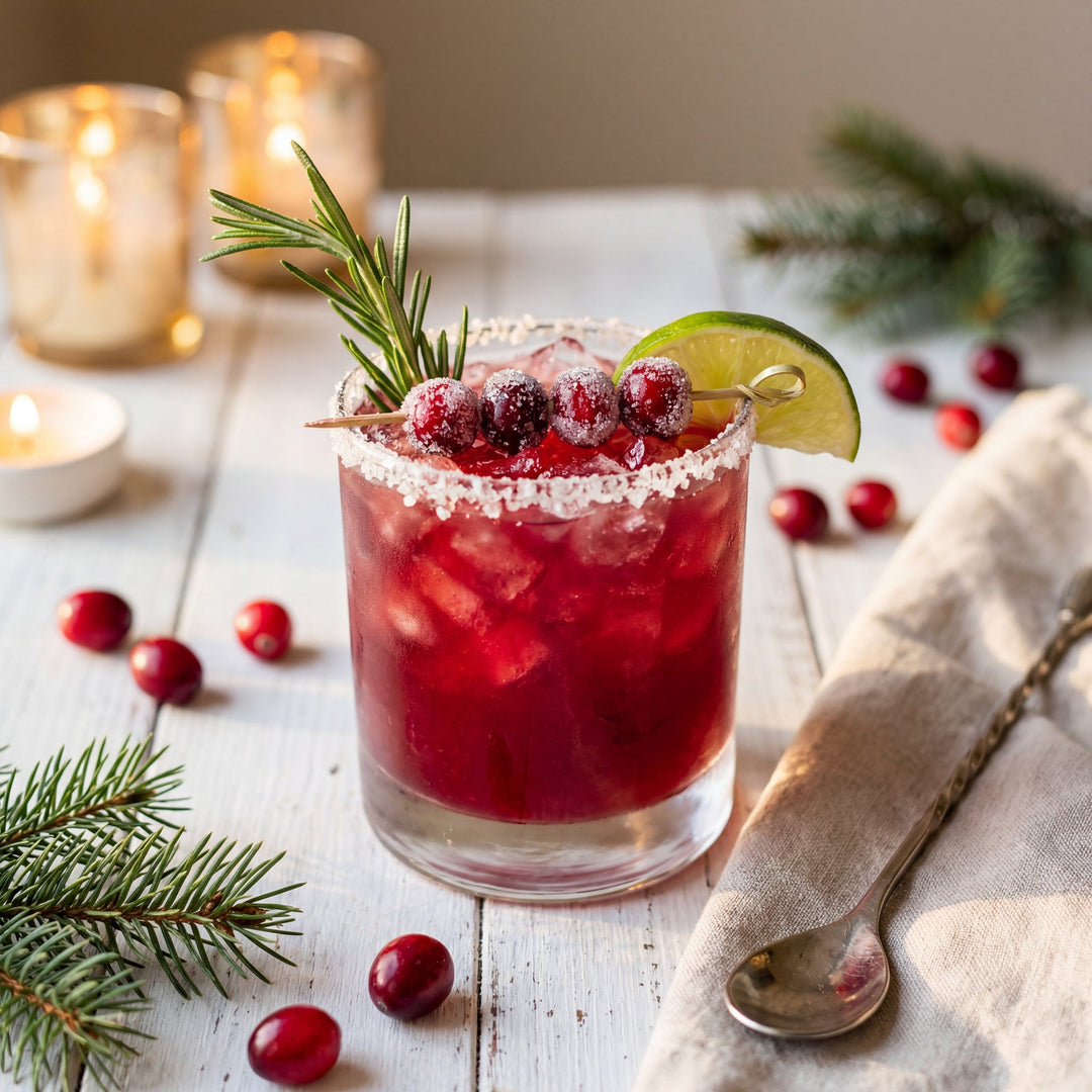 close up of mistletoe margarita with green garnish