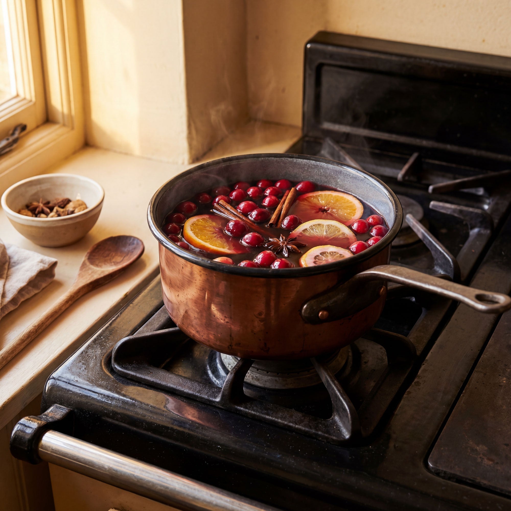Mulled wine being heated on a stovetop.
