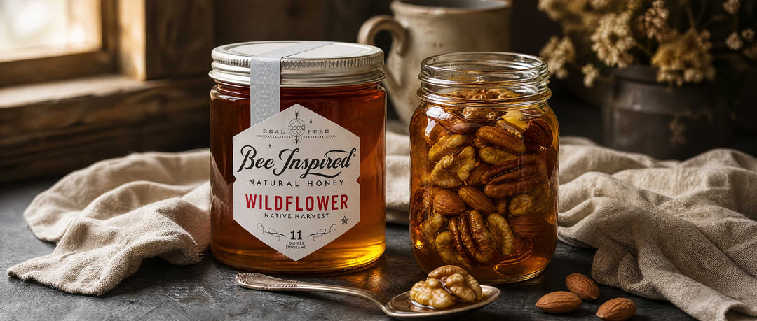 wildflower honey and nuts in uncooked honey