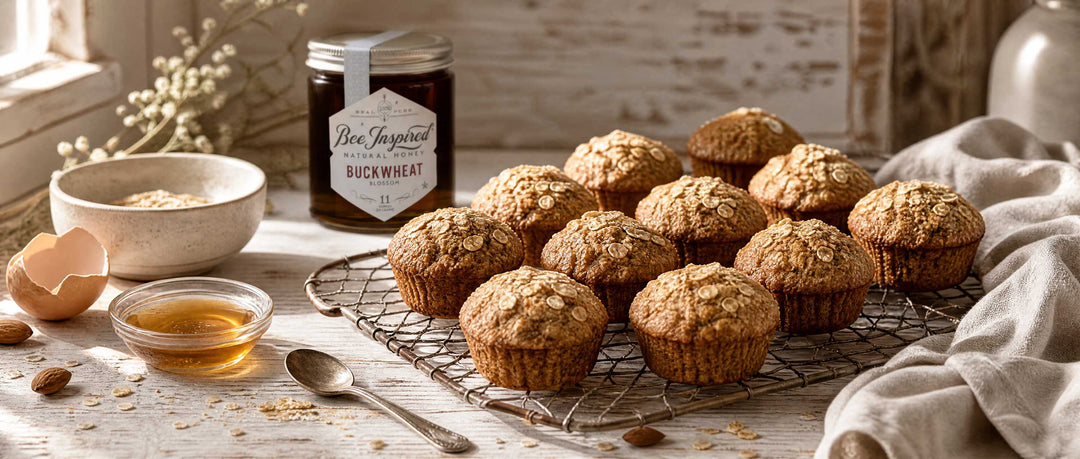 oat bran muffins cooling on rack in kitchen by window on wood counter