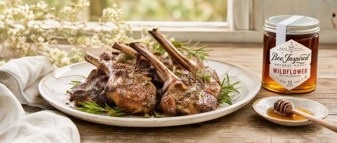 oven roasted lambchops on serving platter on wood table