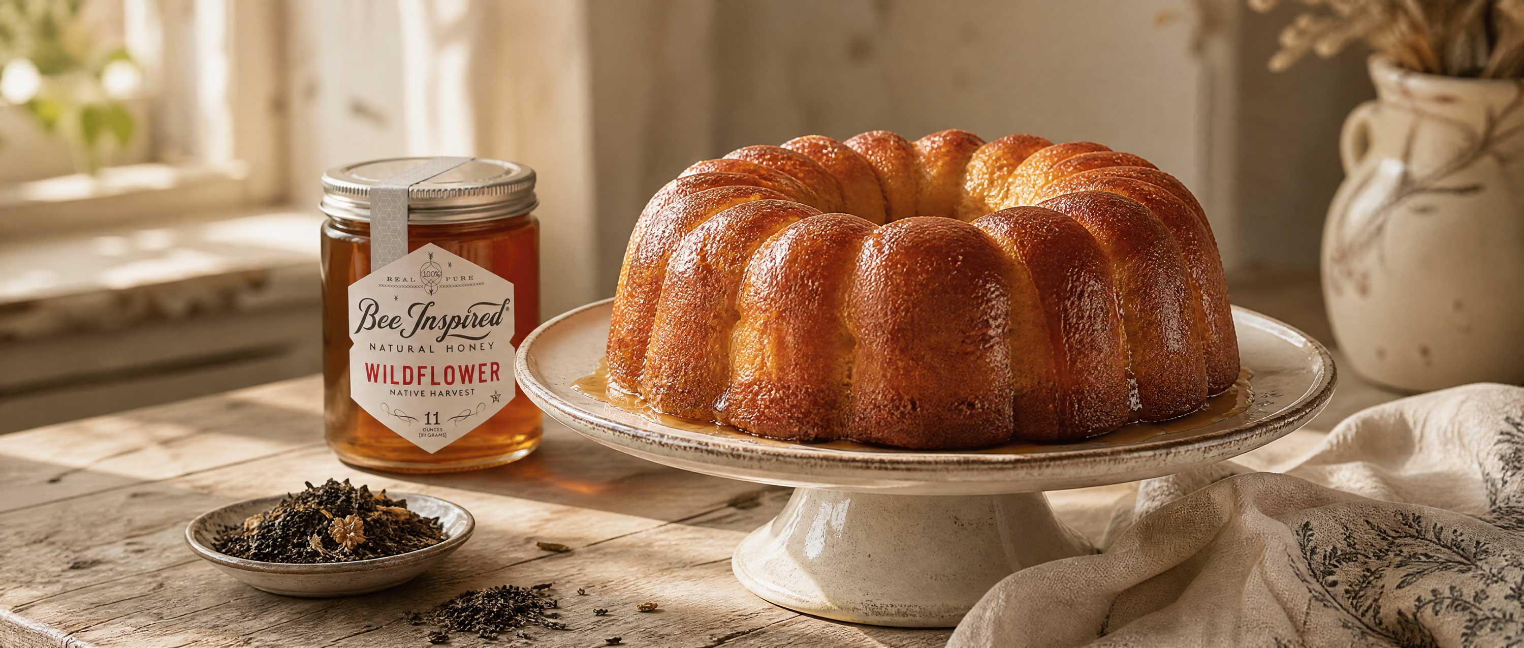parisian honey rum cake with wildflower honey in kitchen
