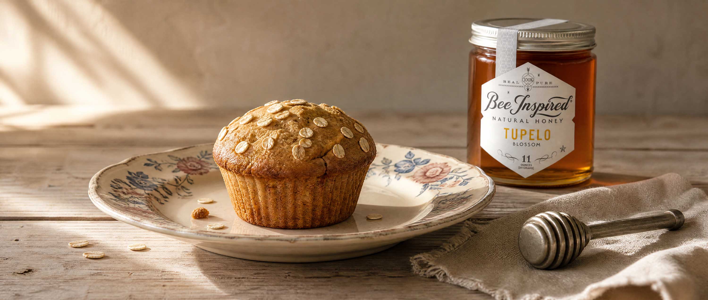 rice bran muffin in morning light with tupel honey