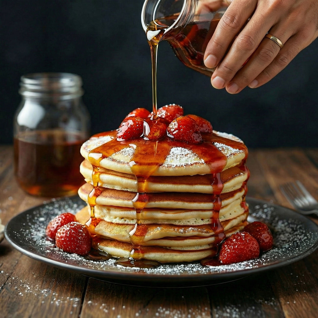 Stack of pancakes with strawberries and honey being poured over them on a wooden table.