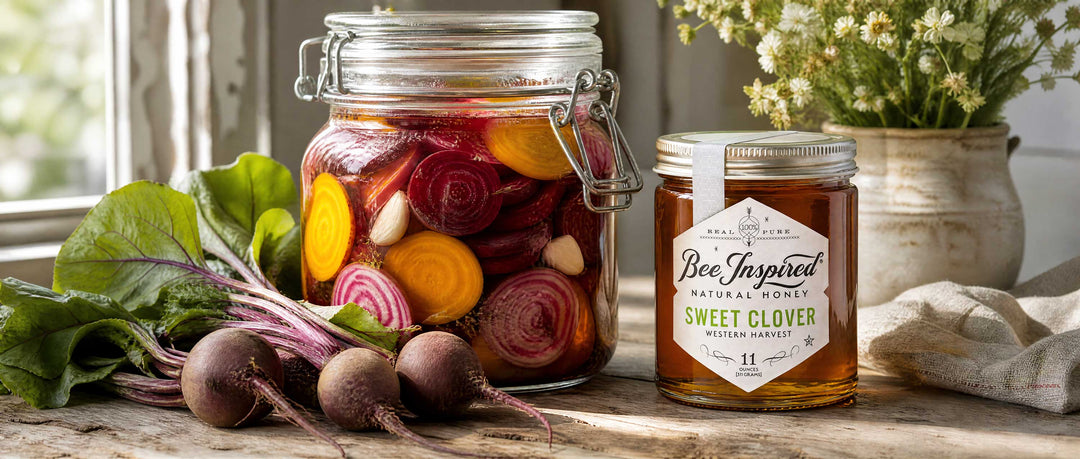 bale jar with colorful pickled beets next to sweet clover honey