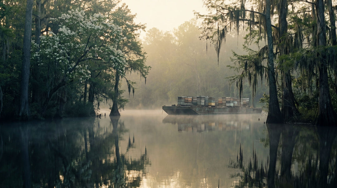 Barge full of bee hive colonies in a swamp 