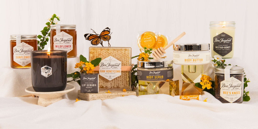 Nectar + Honey collection products styled on a white background