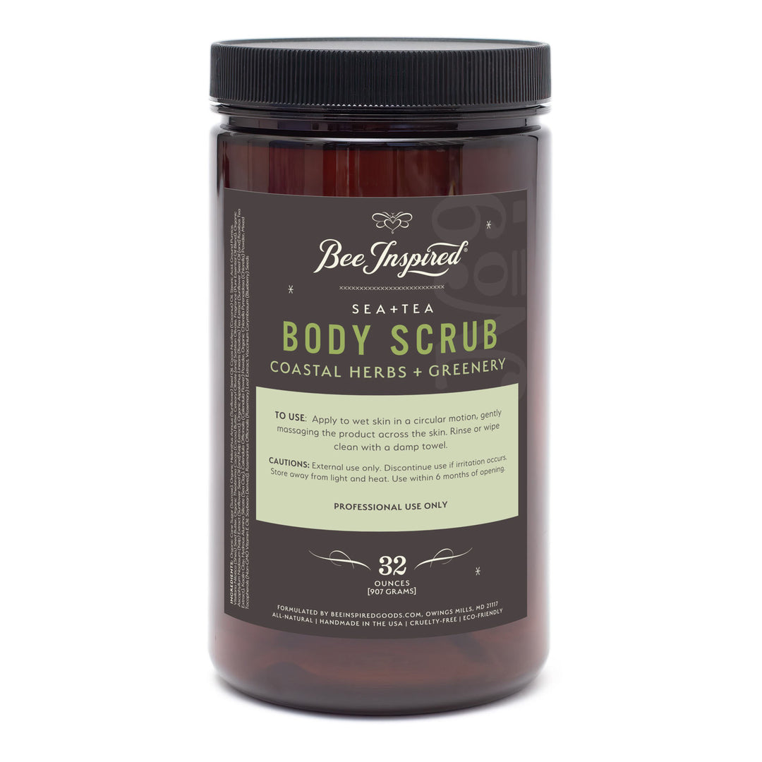 Bee Inspired Sea + Tea Body Scrub container on a white background