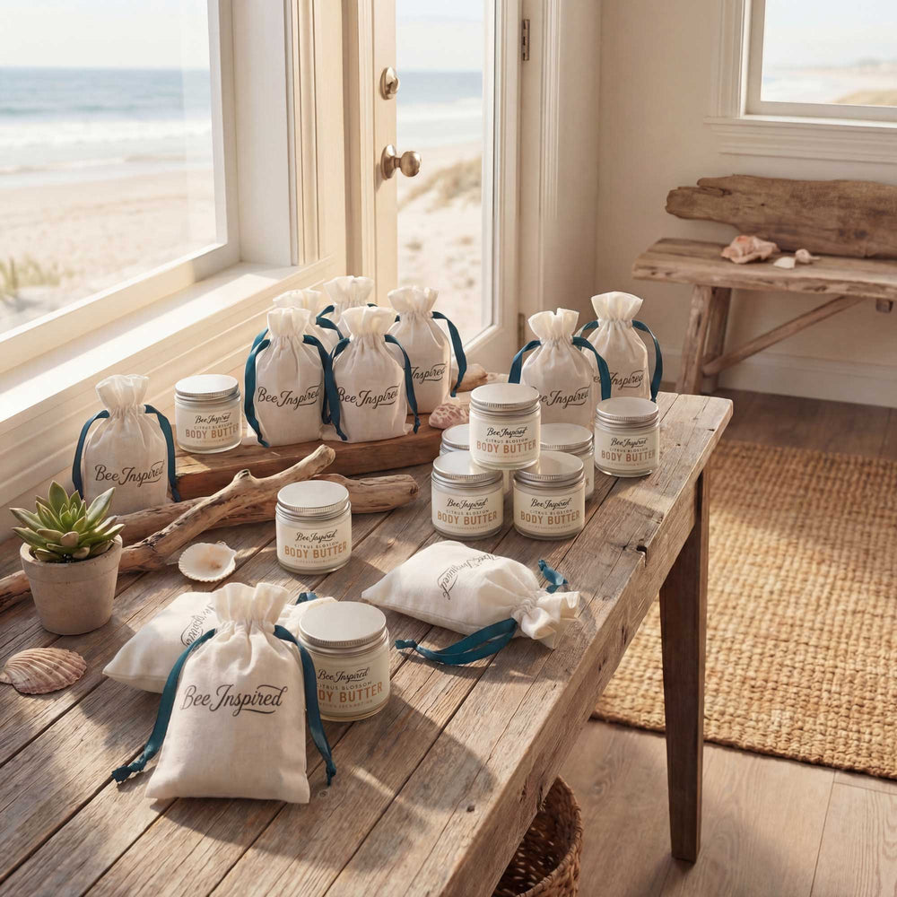 Cosmetic products on a wooden table with a beach view in the background