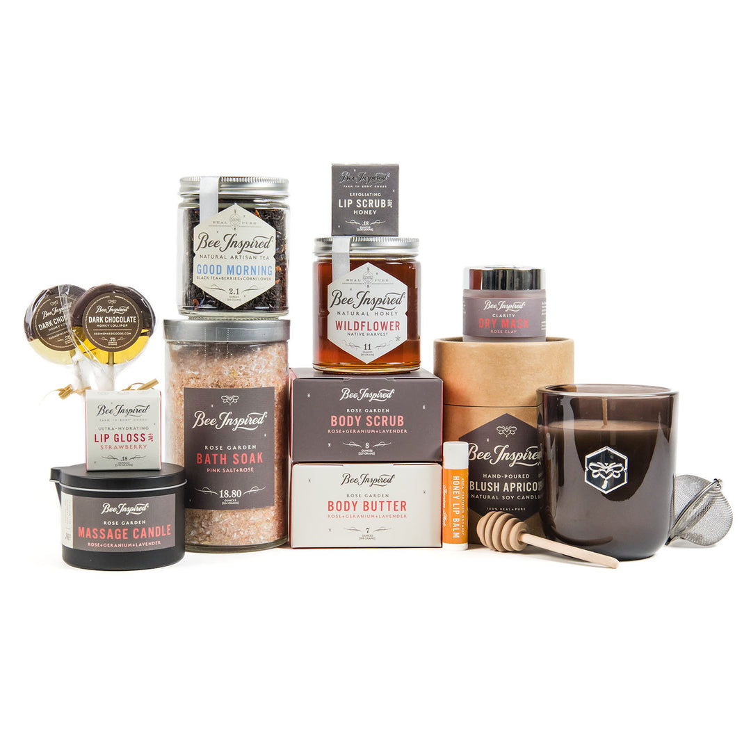 Collection of Bee Inspired skincare and wellness products on a white background