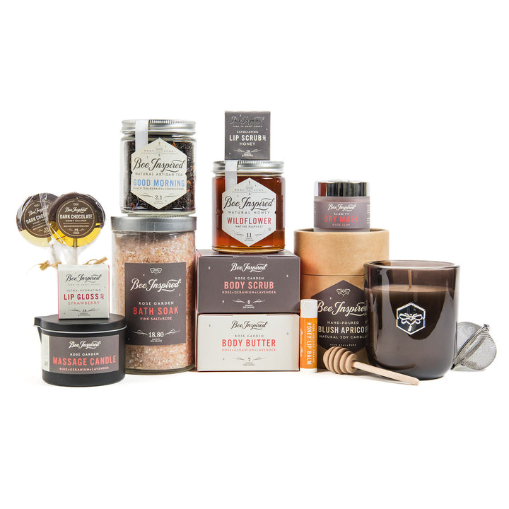 Collection of Bee Inspired skincare and wellness products on a white background