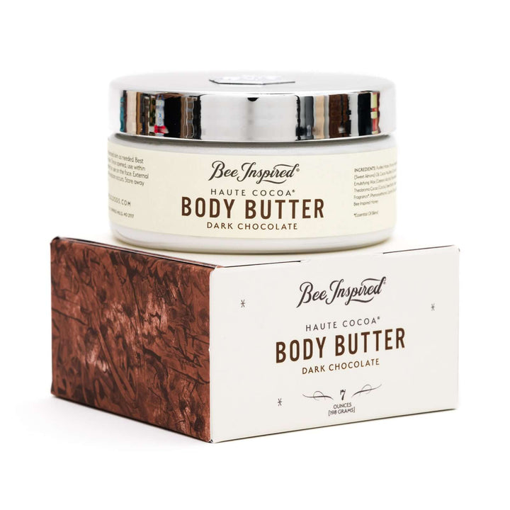 Haute Cocoa body butter and package on white background 