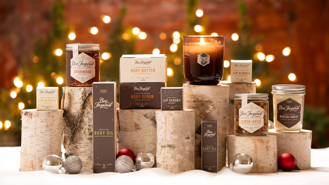 winter products on a winter-themed set with winter lights in the background