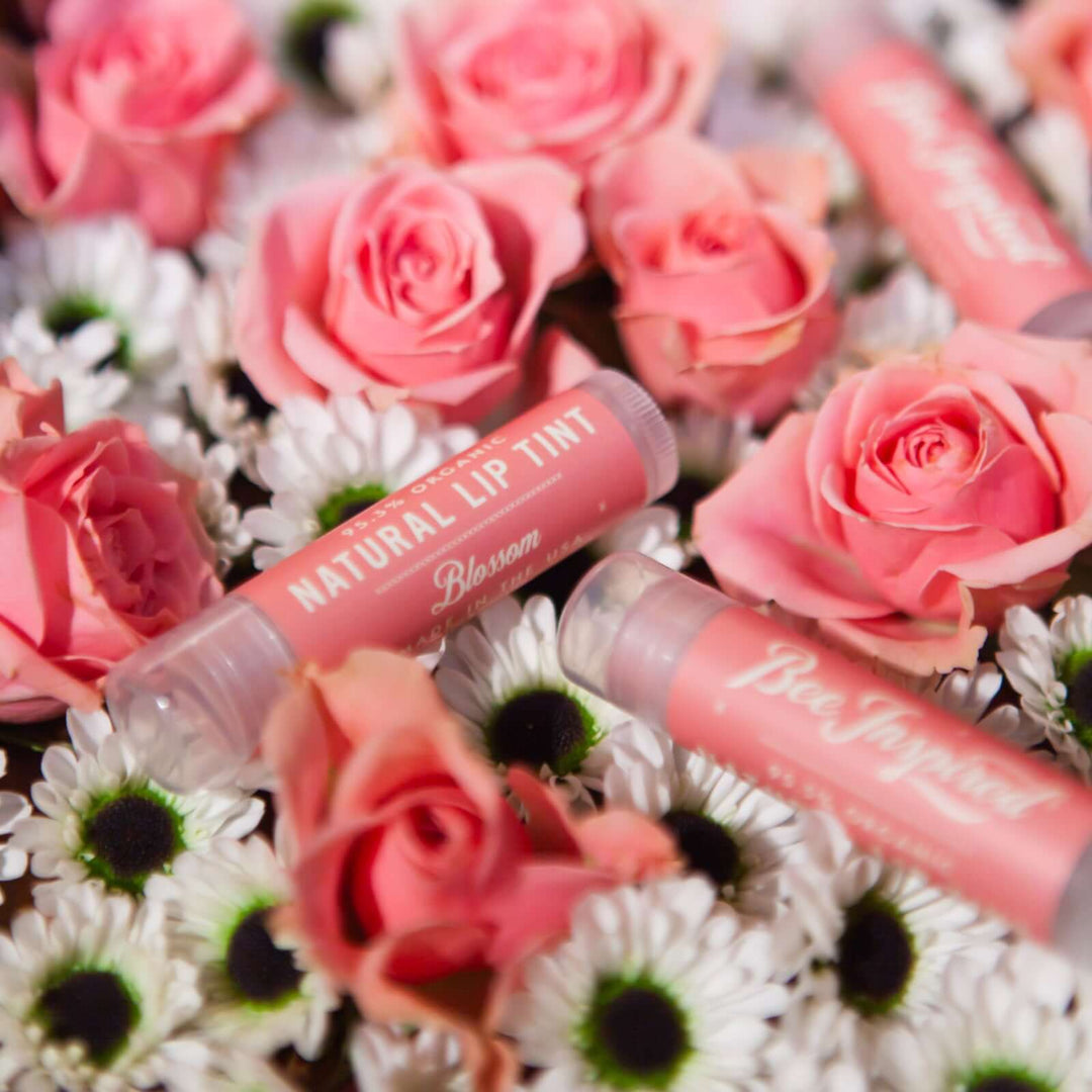 Blossom lip tints on pink and white flowers 