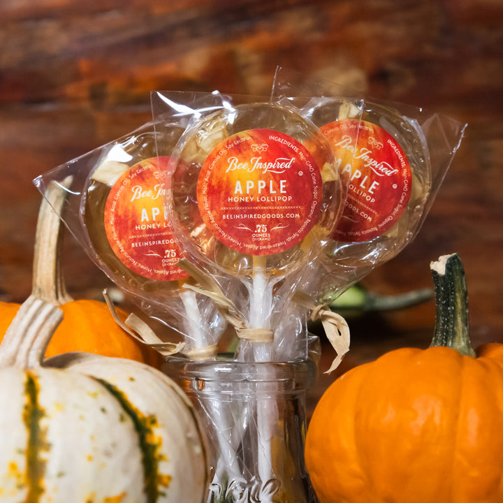Apple honey lollipops in clear packaging with a red label, surrounded by pumpkins and gourds.