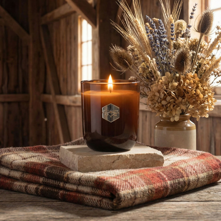 Candle with a hexagonal logo on a stone base, surrounded by dried flowers and plaid fabric in a rustic setting.