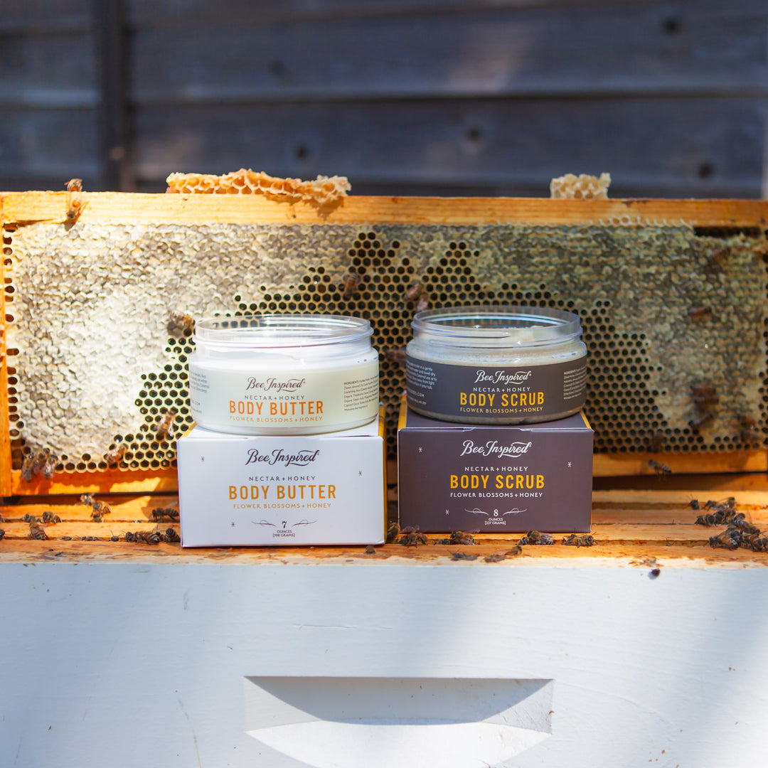Body care products on a honeycomb background