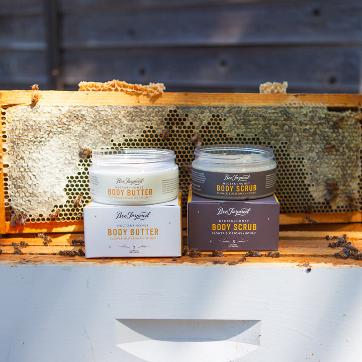 Body care products on a honeycomb background