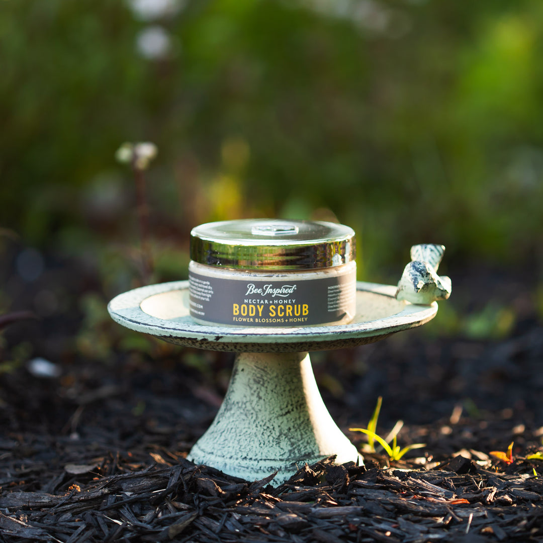 nectar and honey body scrub on a bird bath