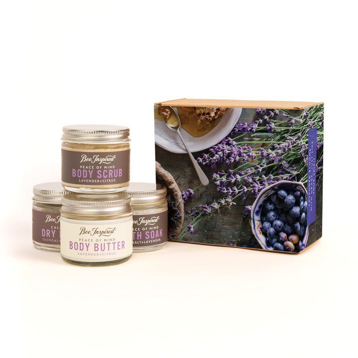 Petite Lavender Set body care products including jars and a box on a white background