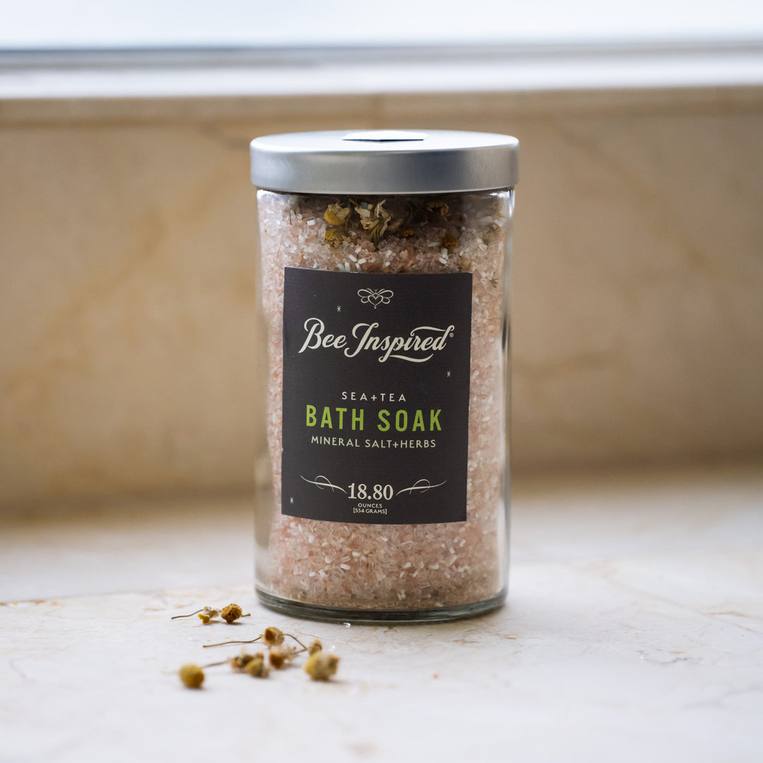 Jar of Bee Inspired Sea & Tea Bath Soak on a neutral background