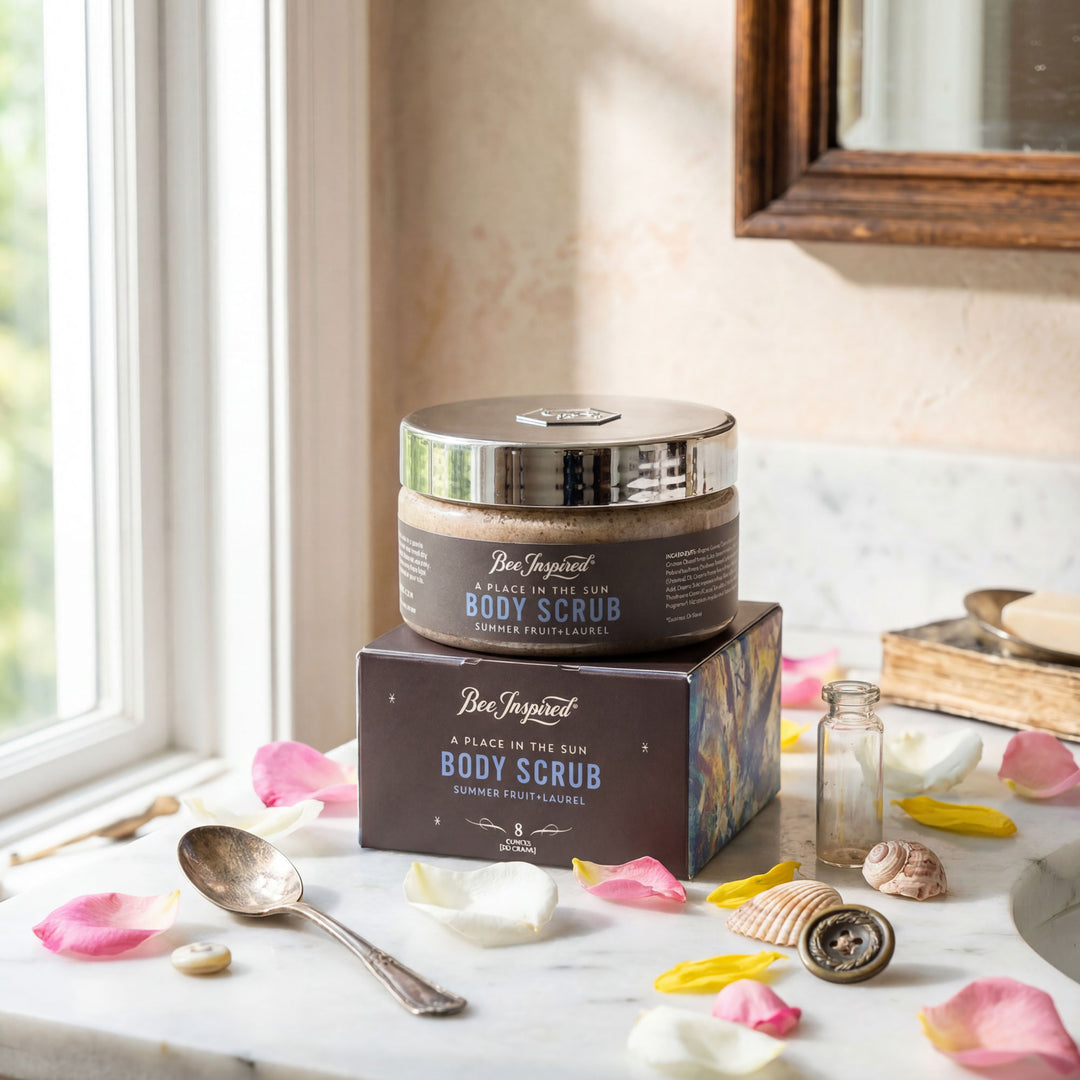 Body scrub jar and packaging on a marble surface with decorative elements