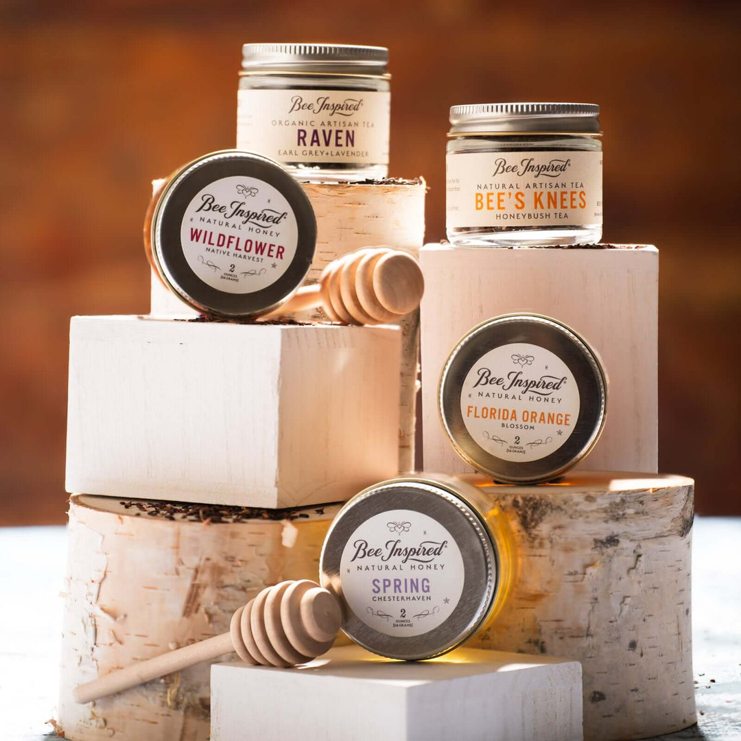 components of tea for two tower on birch displays 