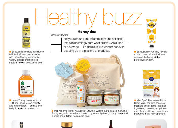 Image of Healthy Buzz article titled "Honey Dos" featuring honey products and face mask 