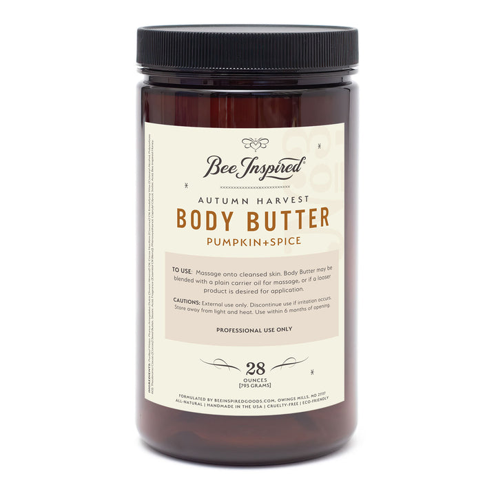 Jar of Bee Inspired Autumn Harvest Body Butter with a black lid on a white background