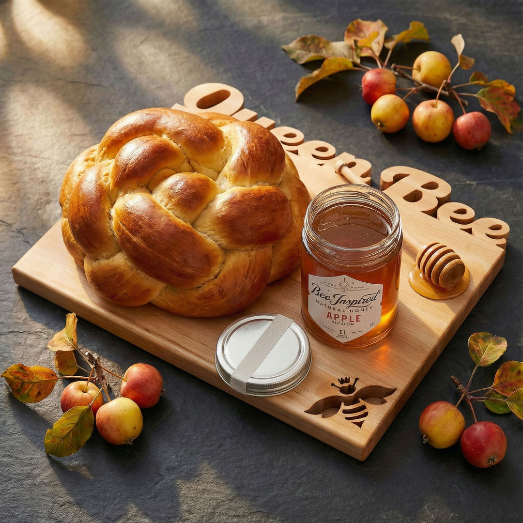 Braided loaf of bread on a wooden board with a jar of apple honey and apples around.