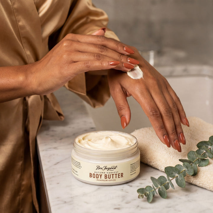 Person applying body butter to their hand with a jar of body butter and eucalyptus leaves on a marble surface.