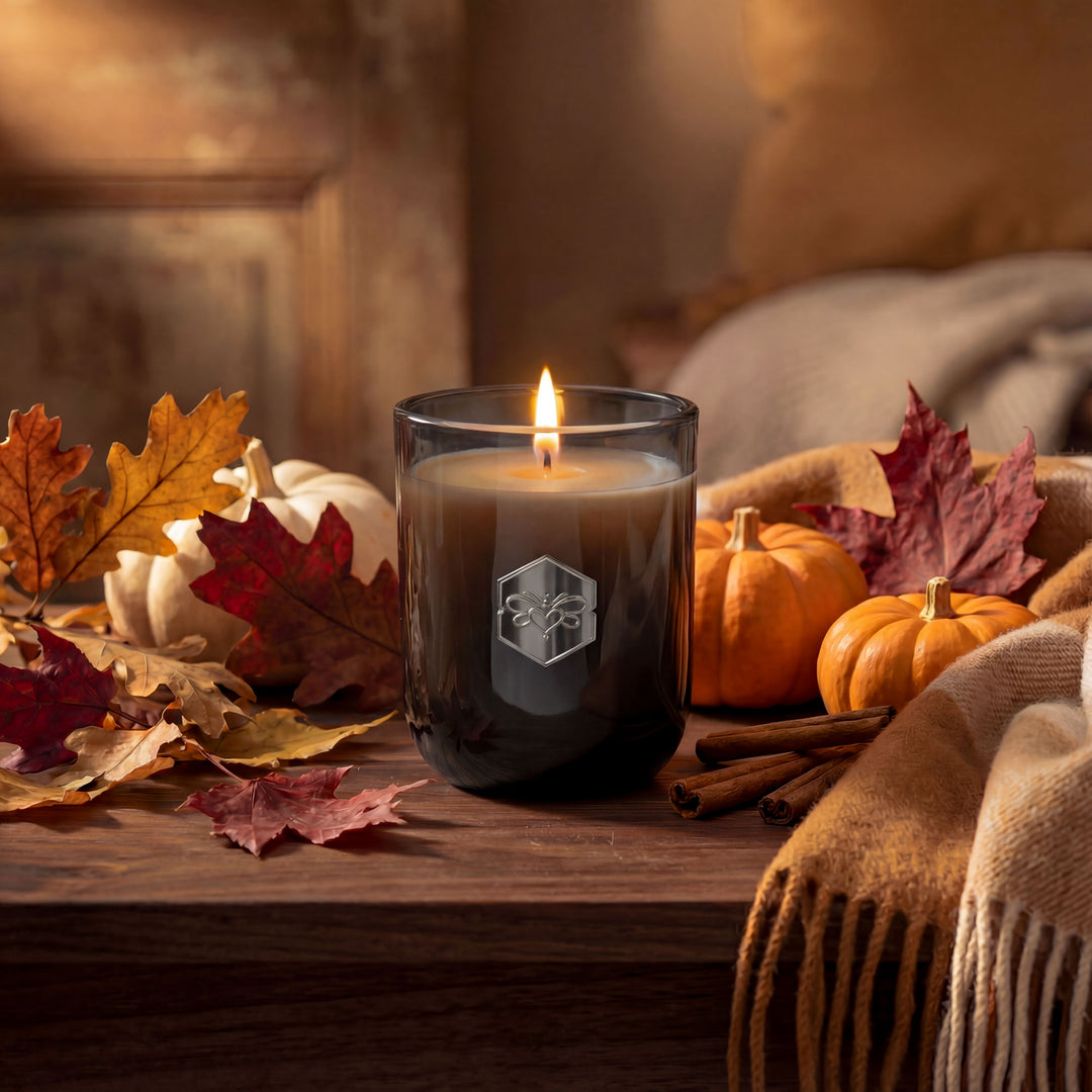 Candle with a logo on a wooden surface surrounded by autumn leaves, pumpkins, and cinnamon sticks.
