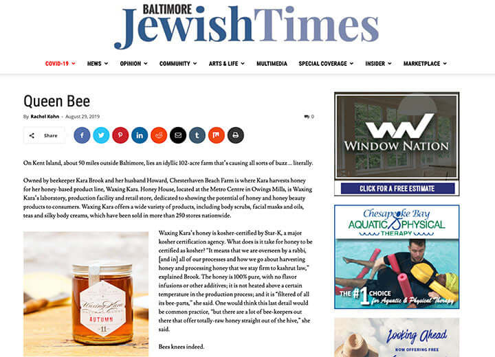 Image of Baltimore jewish Times article discussing Bee Inspired kosher-certified honey 
