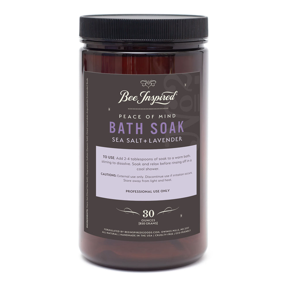 Bee Inspired Peace of Mind Bath Soak container with label on a white background