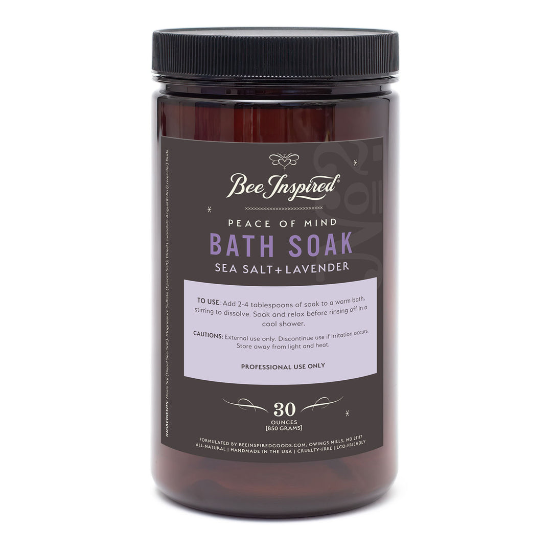 Bee Inspired Peace of Mind Bath Soak container with label on a white background