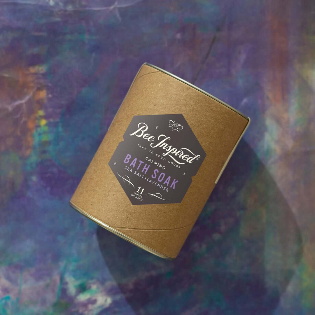 calming bath soak on a colorful background