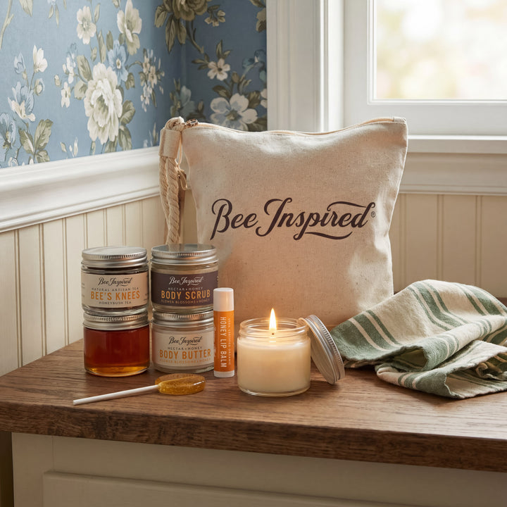 Bee-themed products including candles, oils, and a bag labeled &