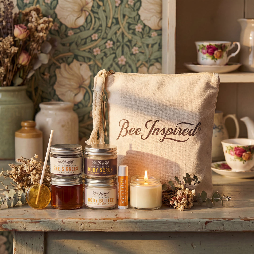 Bee-themed products including candles, scrubs, and a tote bag labeled &