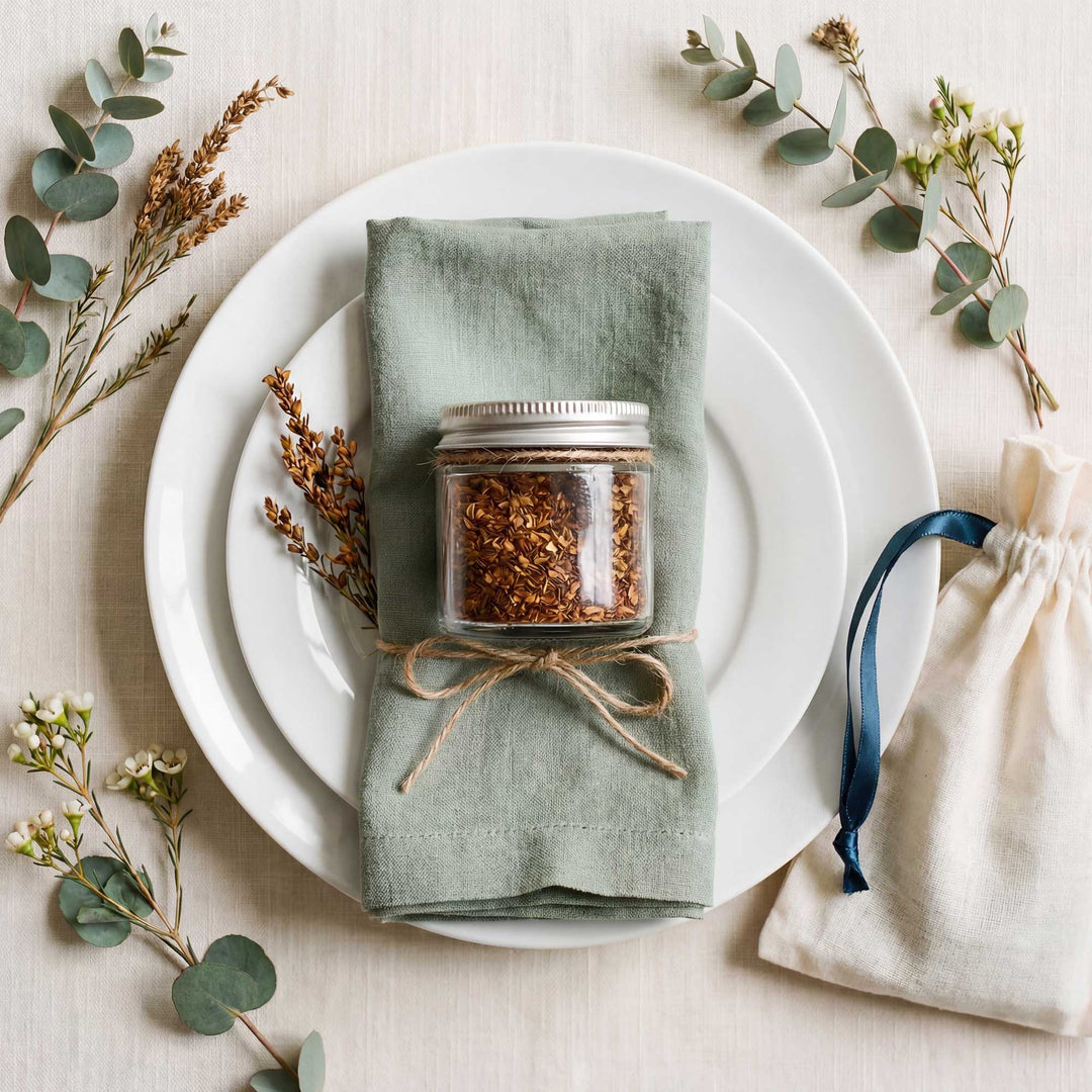 Table setting with a jar of spices on a white plate with a green napkin, surrounded by decorative elements.